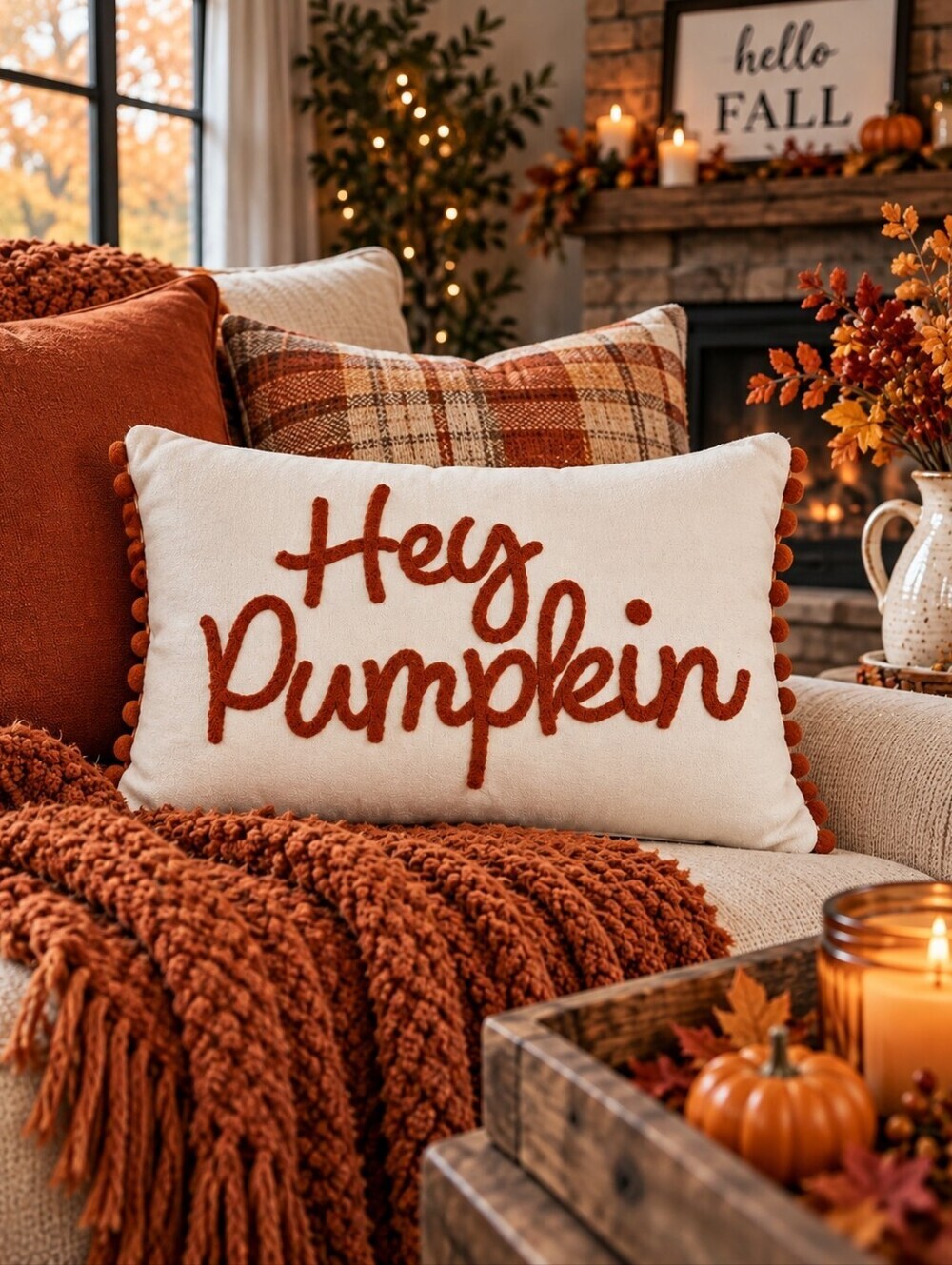 NWT "Hey Pumpkin" Fall Autumn Embroidered Decorative Accent Pillow 10"x16" New